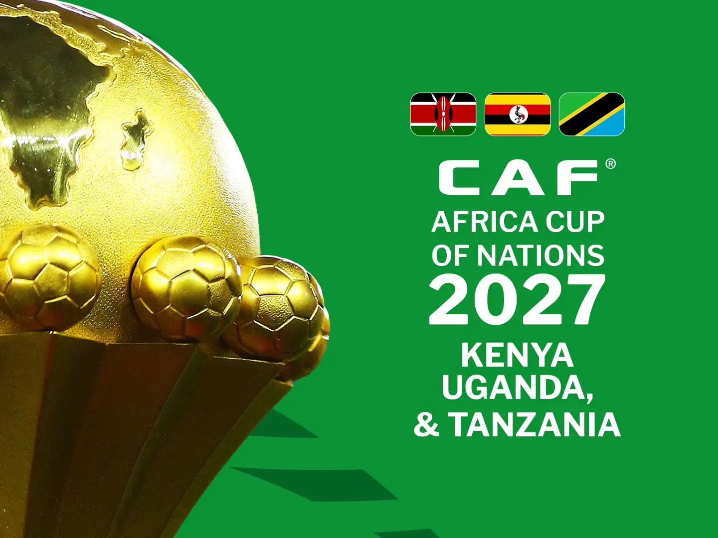 Africa Cup of Nations 2027 graphic with the trophy and host nation flags