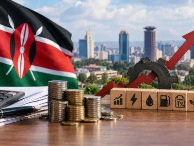 Kenyan flag, coins and Nairobi skyline illustrating economic growth