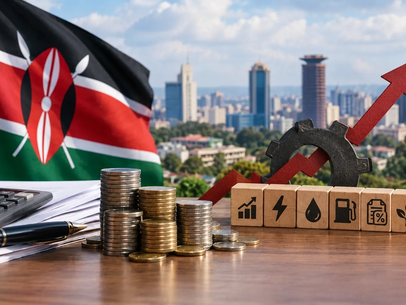Kenyan flag, coins and Nairobi skyline illustrating economic growth
