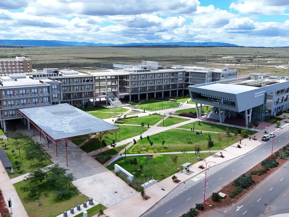 Aerial view of modern office buildings, lawns and a highway at Konza Technopolis