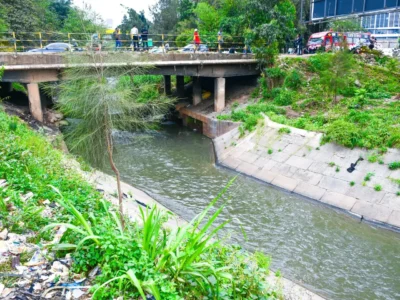 A rehabilitated channel of the Nairobi River beneath a road bridge